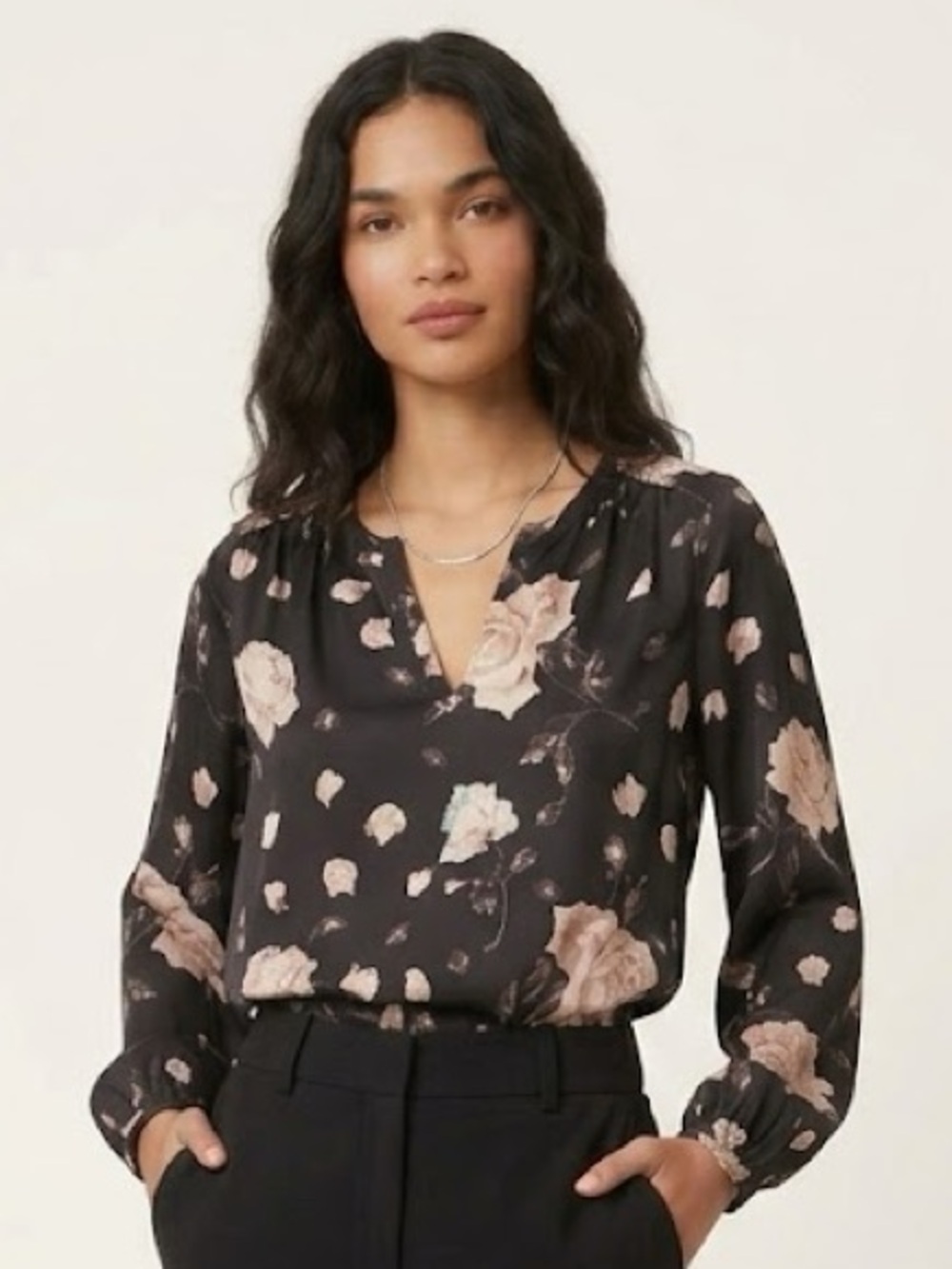 Joie Odelette Caviar Silk Black Pink Rose Floral V-Neck Blouse Size XS